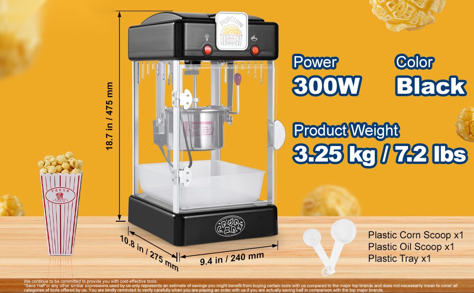 Popcorn-koneen mitat ja yleisnäkymä