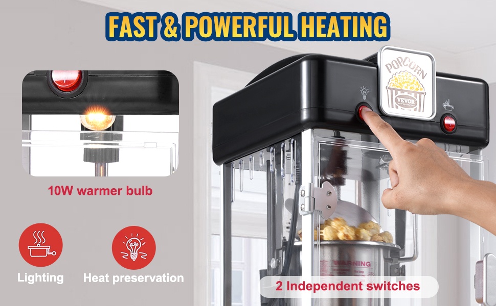 Popcorn-koneen kaksinkertainen kytkin ja lämmitettävä tarjotin