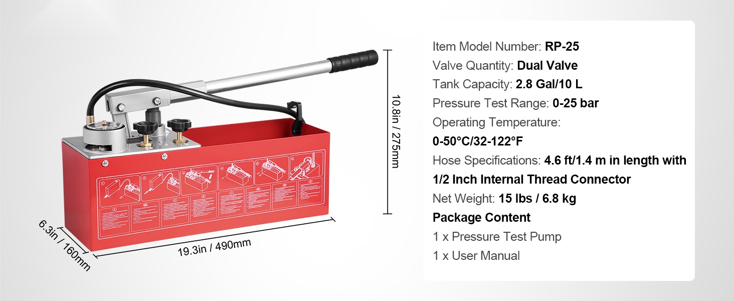 Painekoepumpun mitat ja kokonaisuus