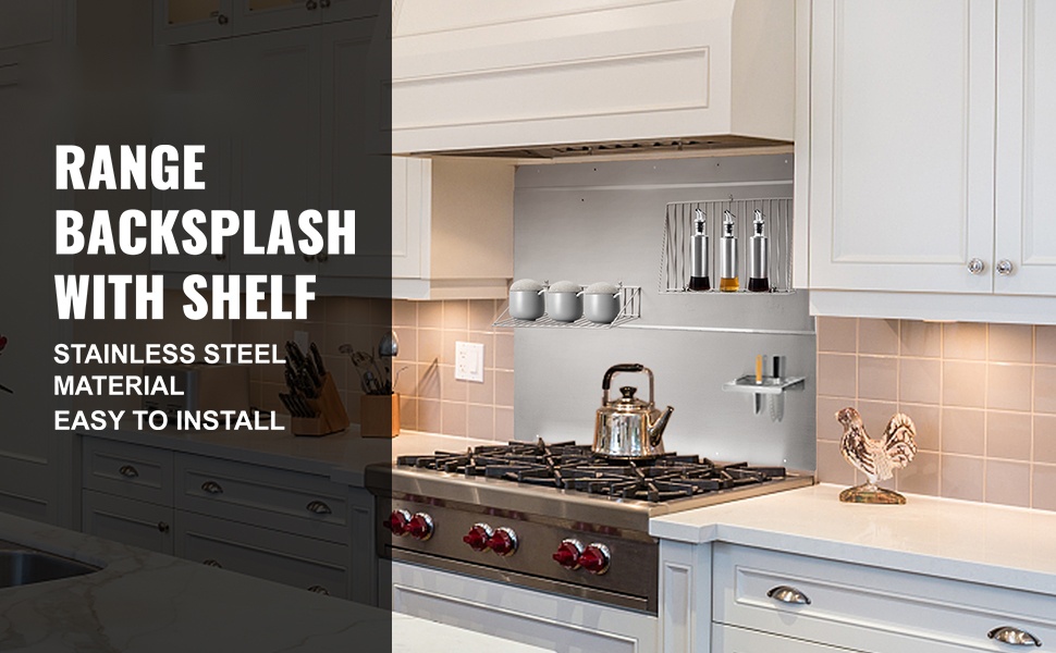 Ruostumattomasta teräksestä valmistettu liesituulettimen roiskesuoja hyllyillä