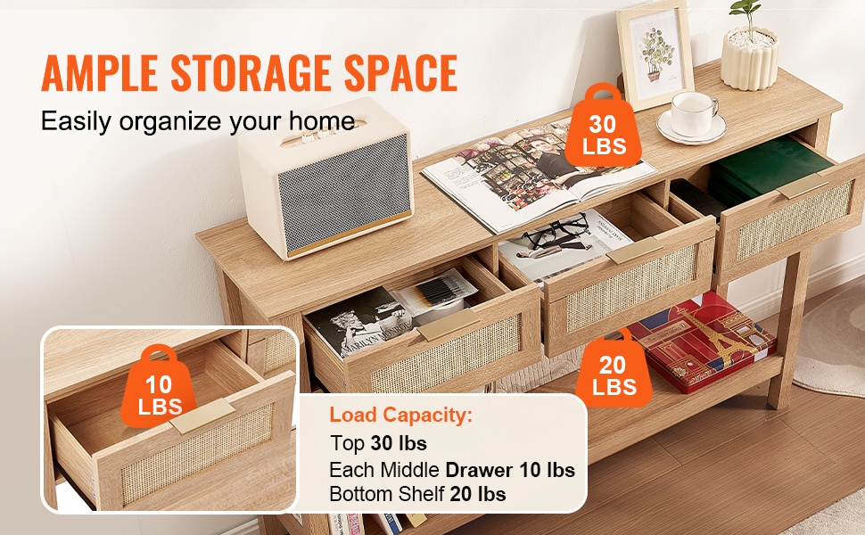 Konsolipöydän laatikot ja avoin säilytys