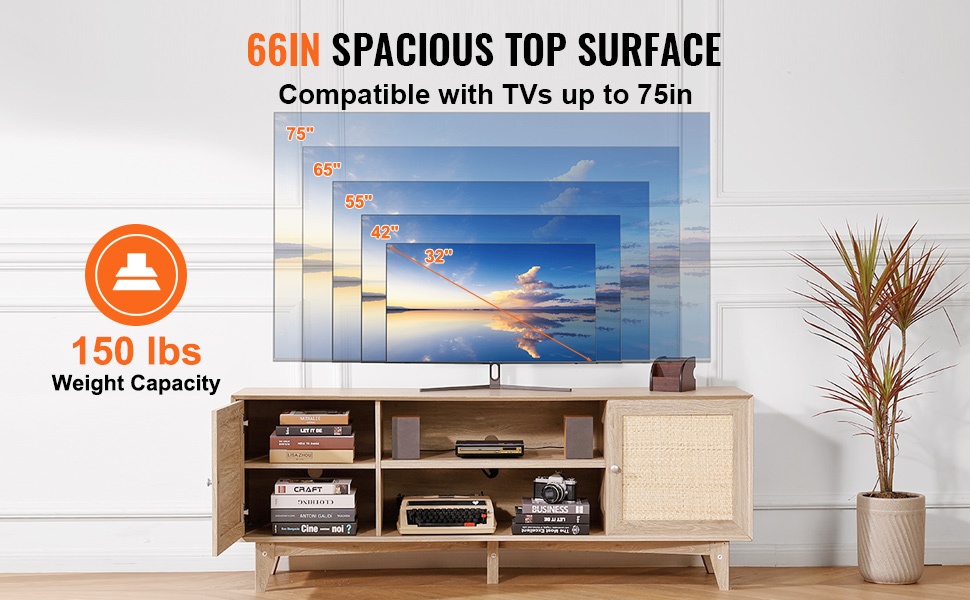 Rottinkinen TV-taso, säilytystilat ja hylly