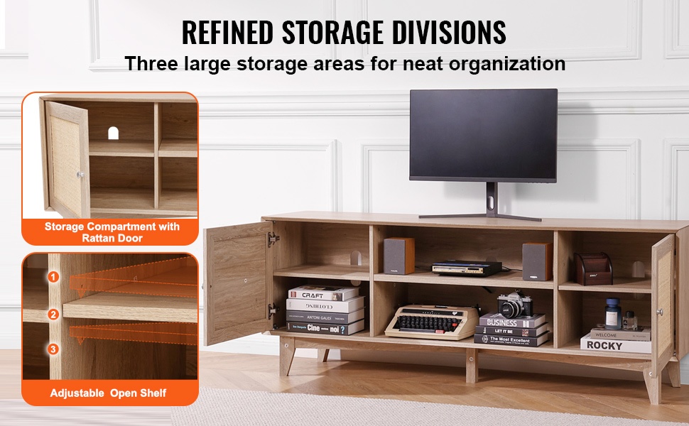 Rottinkinen TV-taso, tukijalat ja kaapelien hallinta