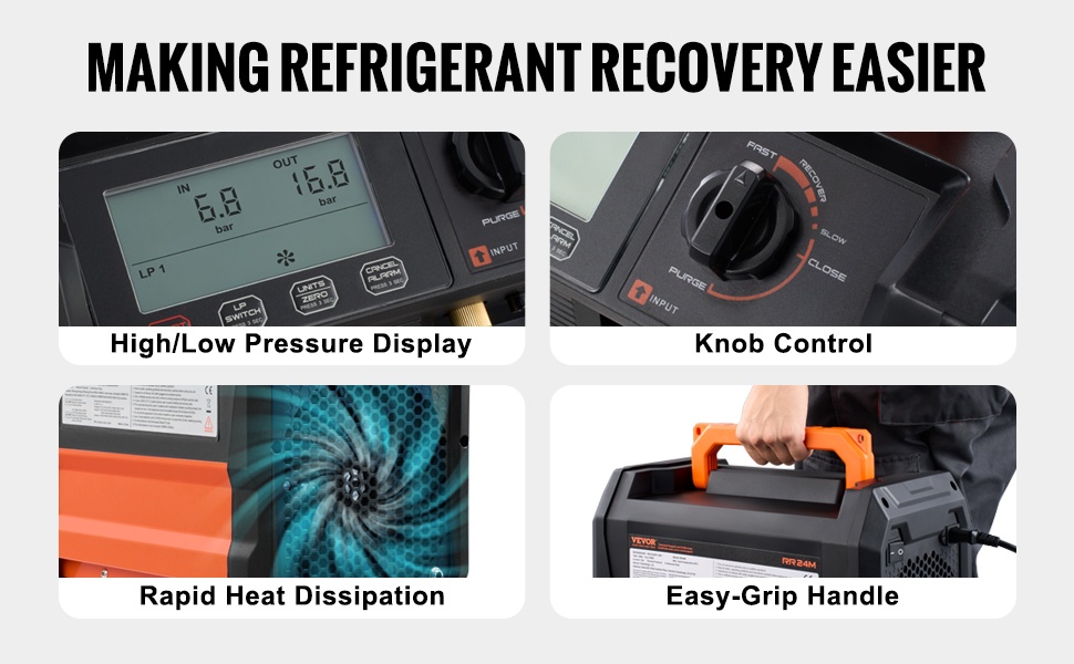 Kylmäaineen talteenottokone, liitännät ja lisävarusteet