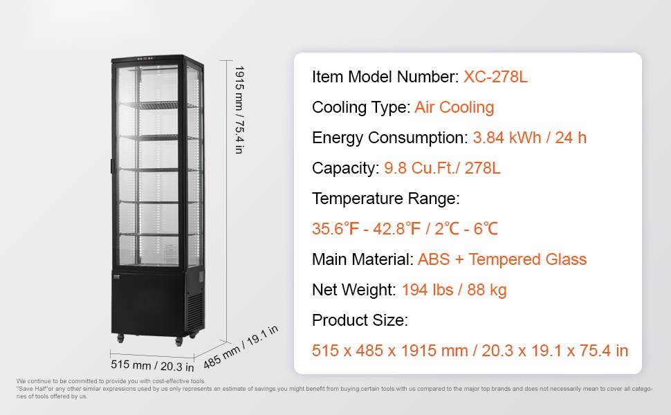 Kylmävitriinin mitat ja rakenne