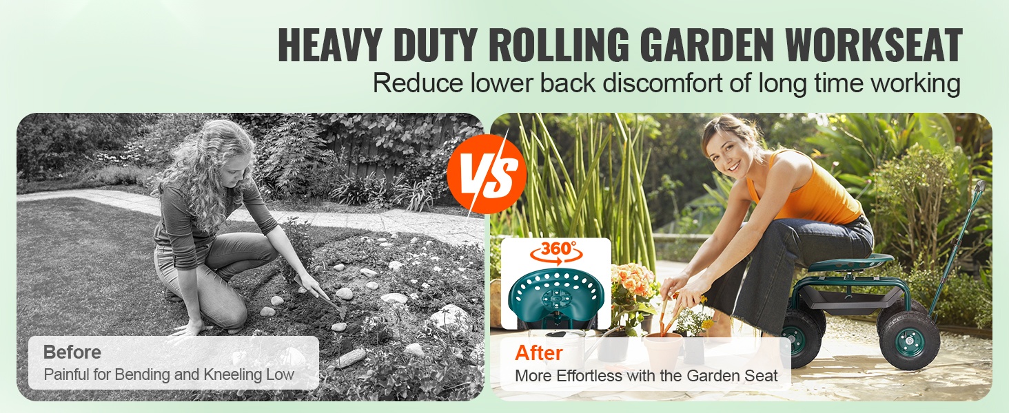 Rullaava puutarhavaunu kääntyvällä istuimella