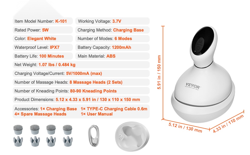 Sähköinen päänahan hierontalaite teknisine tietoineen