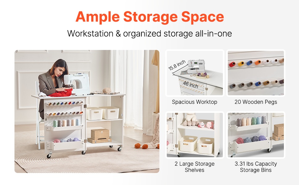 Ompelupöydän laajennettu työskentelytaso ja säilytyshyllyt