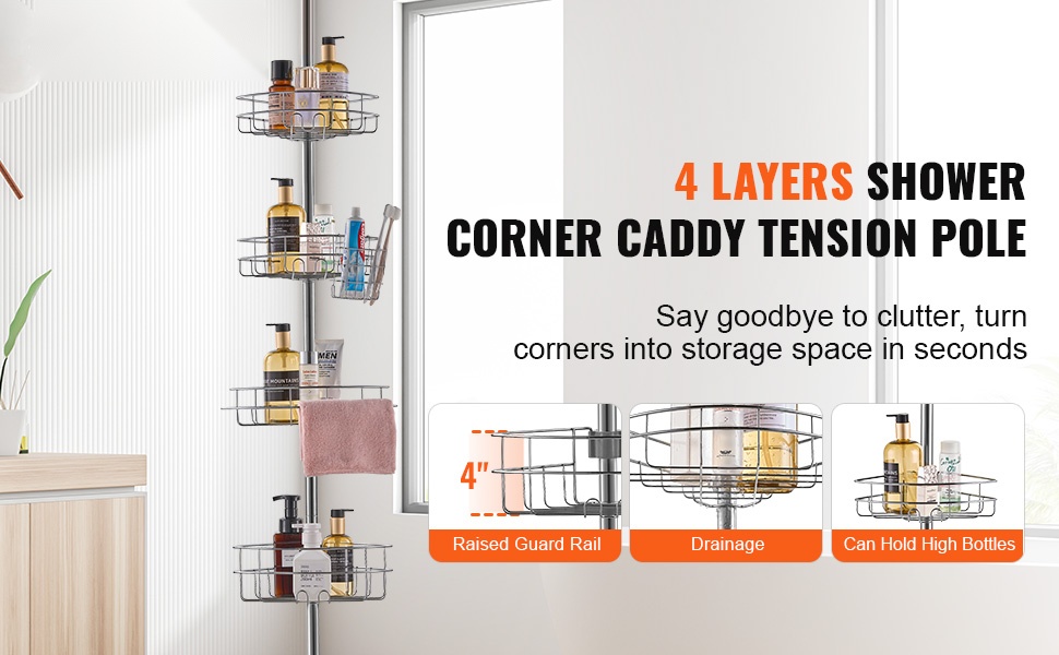 Säädettävä suihkun kulmahylly jännitetangolla, yleiskuva