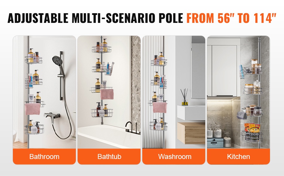 Suihkun kulmahyllyn korkeussäätö ja eri tiloihin sopivuus