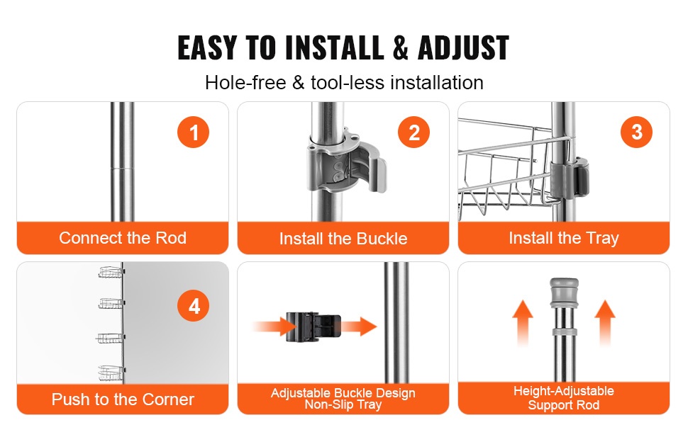 Helposti säädettävät hyllyt ja tukitanko