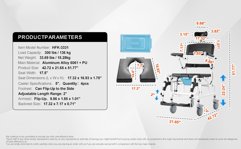 Suihkupyörätuolin mitat ja yksityiskohdat