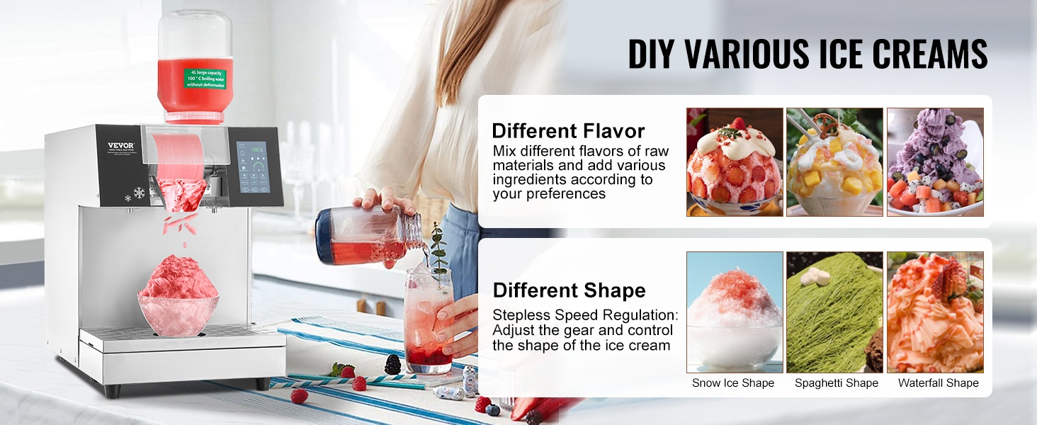 Useita jäämuotoja, kuten hiutalejäätä ja nauhajäätä