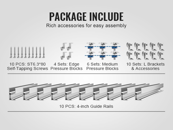 Aurinkopaneelin kiskot ja tarvikkeet