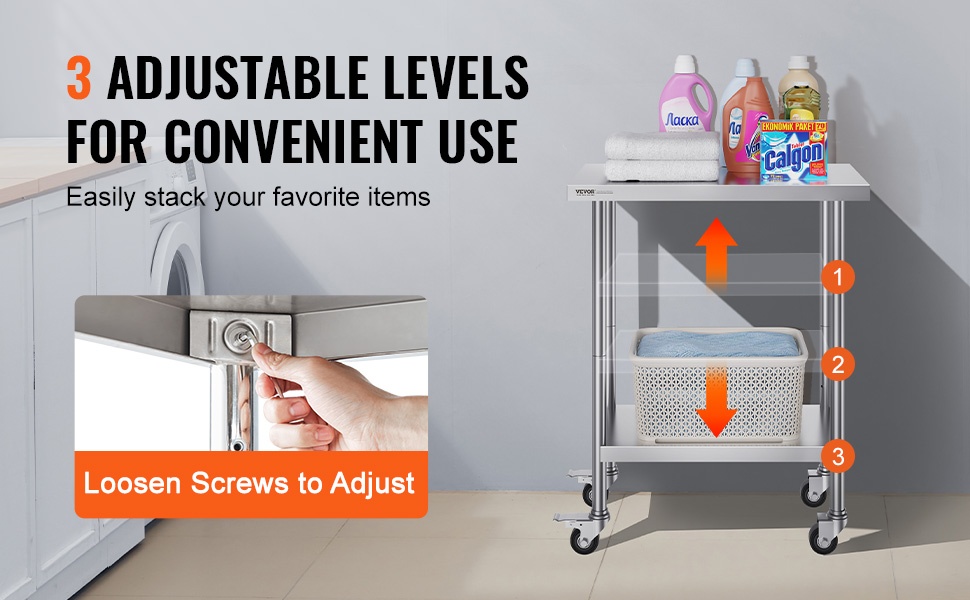 Säädettävä hylly ruostumattomassa terästyöpöydässä