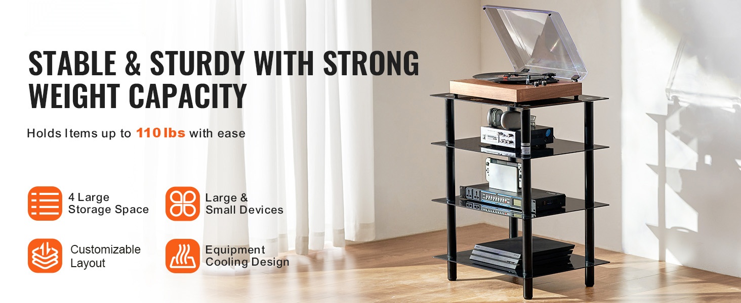 4-tasoinen AV-medialle tarkoitettu teline edestä