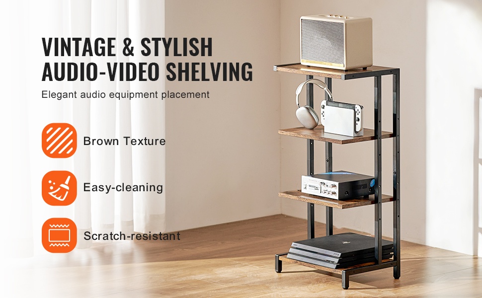 AV-mediateline, ruskea puukuvioinen hylly ja musta runko