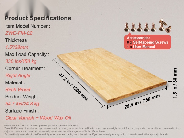 Pöytälevyn mitat ja yksityiskohdat