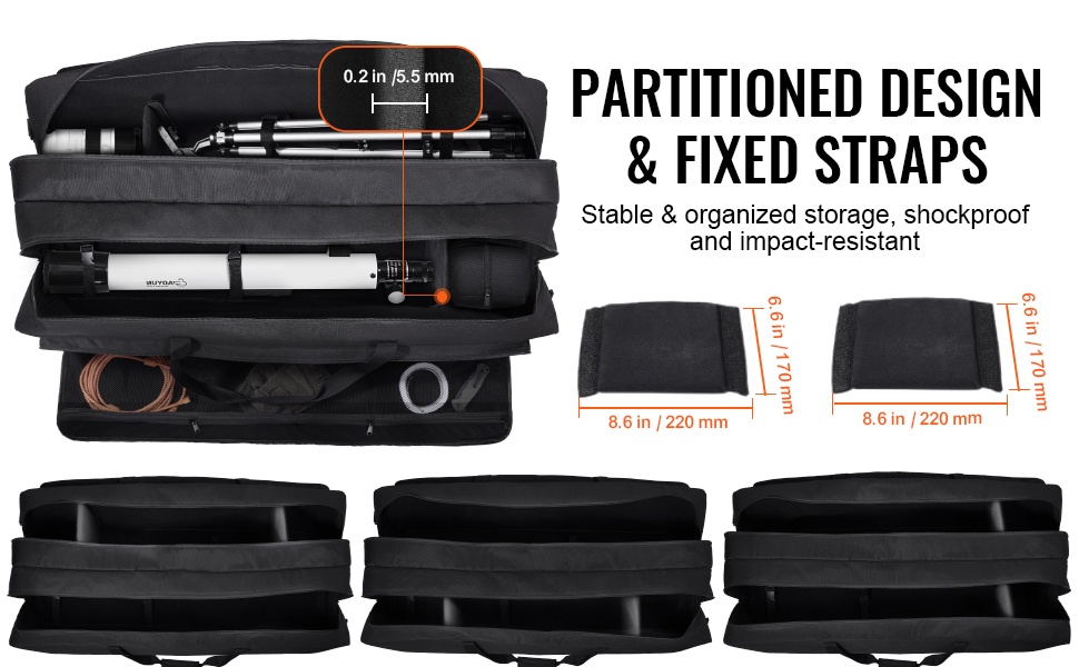 Teleskoopin kuljetuslaukku, jaettu sisätila ja kiinnitysremmit