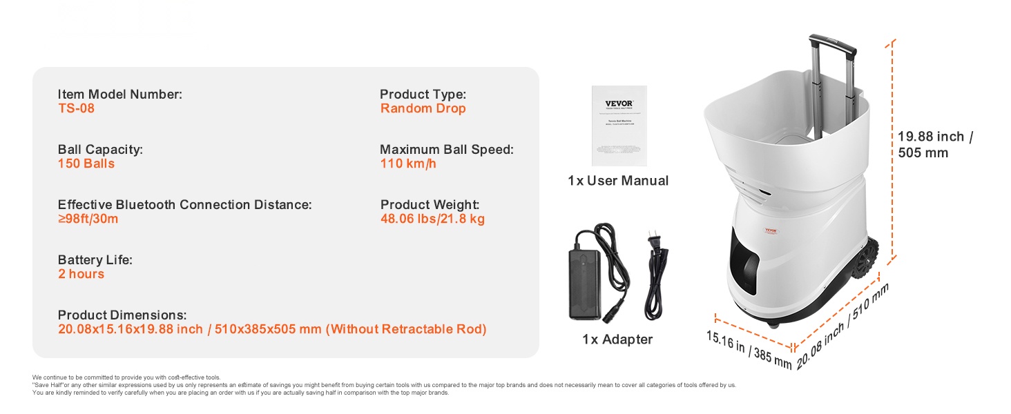 Tennispallokoneen mitat ja rakenne