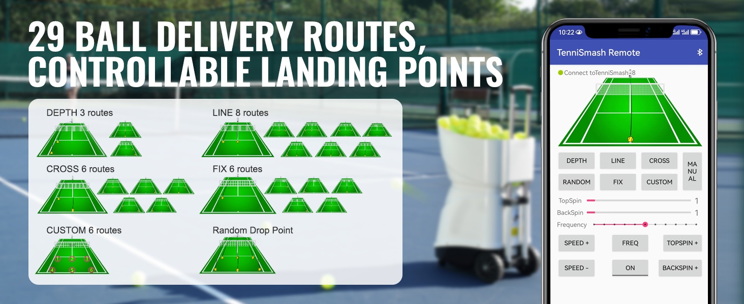 Useita harjoitustiloja tennispallokoneella