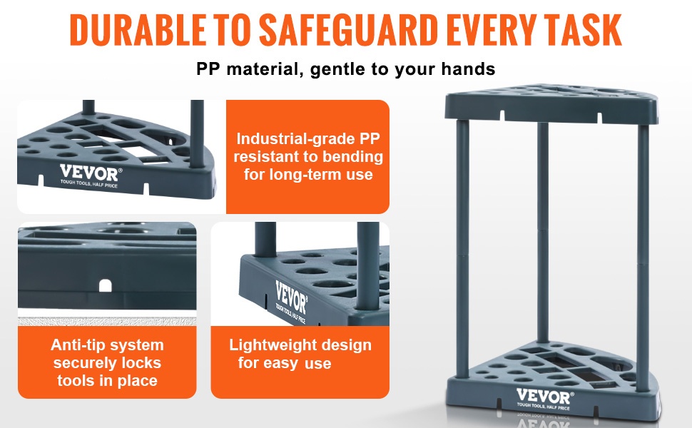 Tukeva rakenne puutarhatyökalutelineessä