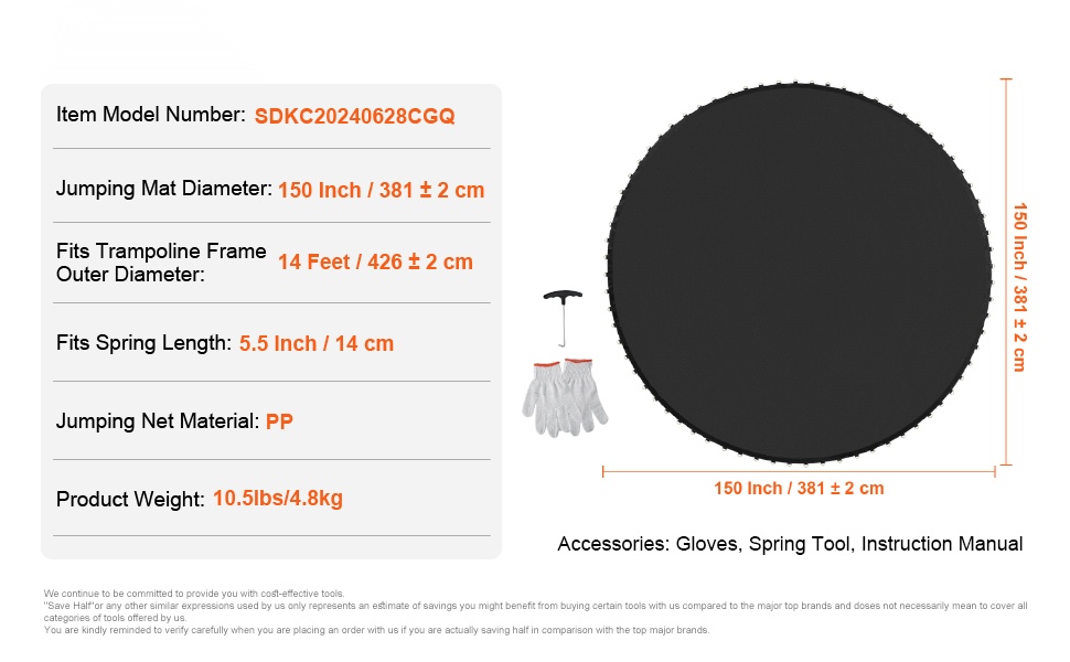 Trampoliinin vaihtomaton mitat ja tiedot