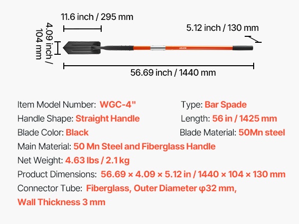 Ojituslapion pituus ja kapea terä, mittapiirros