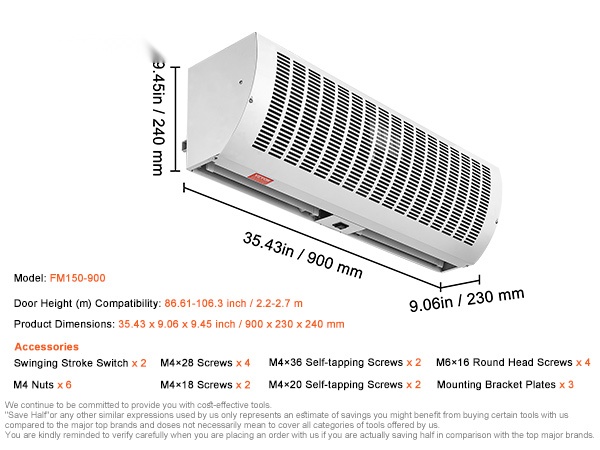 Ilmaluukun yleiskuva teknisine mittoineen