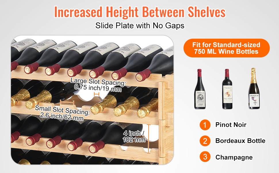 Viiniteline, jossa korkeampi hyllyväli viinipulloille