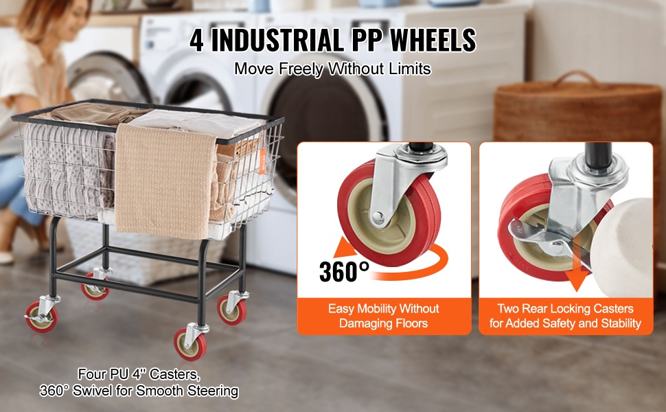 Pyykkivaunun kääntyvät pyörät jarruilla