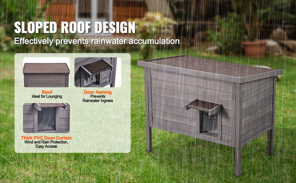 Kallistettu katto ja PVC-oviverhot kissatalossa